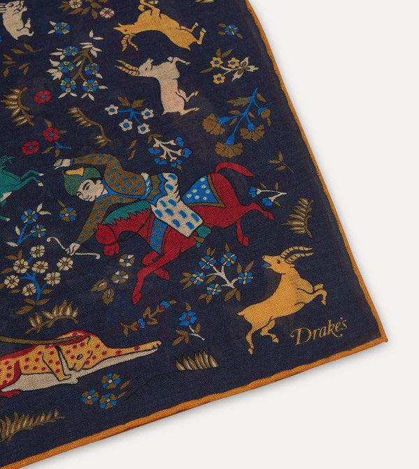 Drake's Navy Mughal Print Wool-Silk Square Scarf