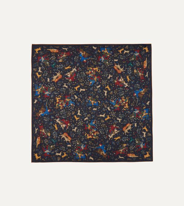 drake's Navy Mughal Print Wool-Silk Square Scarf