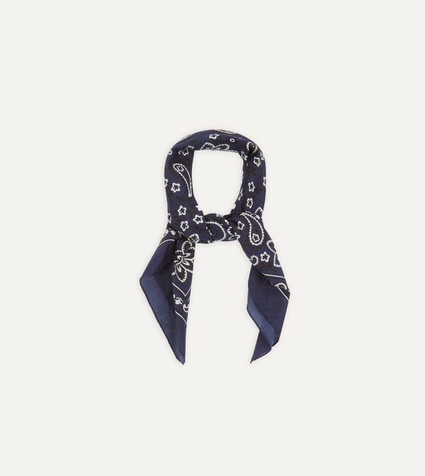 Drake's Navy Paisley Print Cotton Bandana
