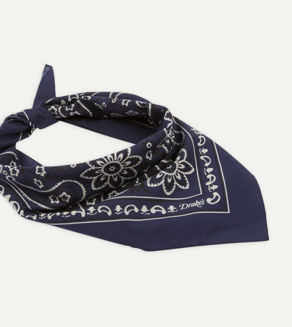 Drake's Navy Paisley Print Cotton Bandana
