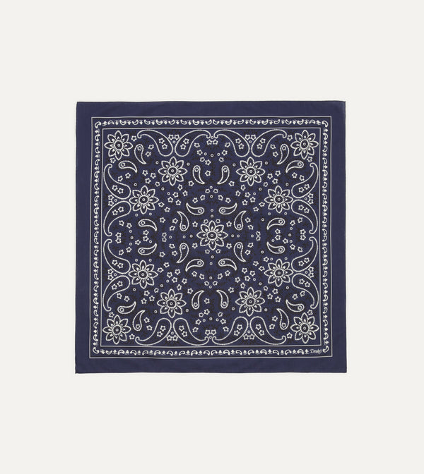 drake's Navy Paisley Print Cotton Bandana