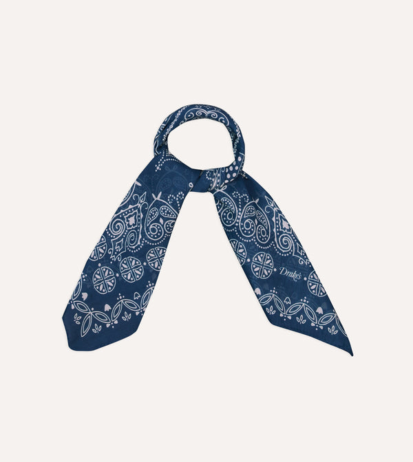 Drake's Navy Paisley Print Cotton-Silk Bandana