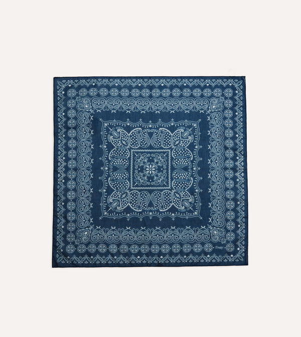 drake's Navy Paisley Print Cotton-Silk Bandana