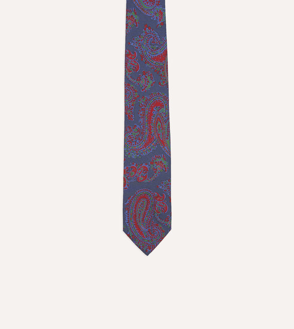 Drake's Navy Paisley Print Silk Self Tipped Tie