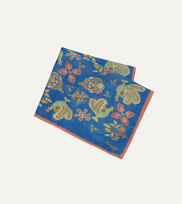 Drake's Navy Peacock Print Wool-Silk Pocket Square
