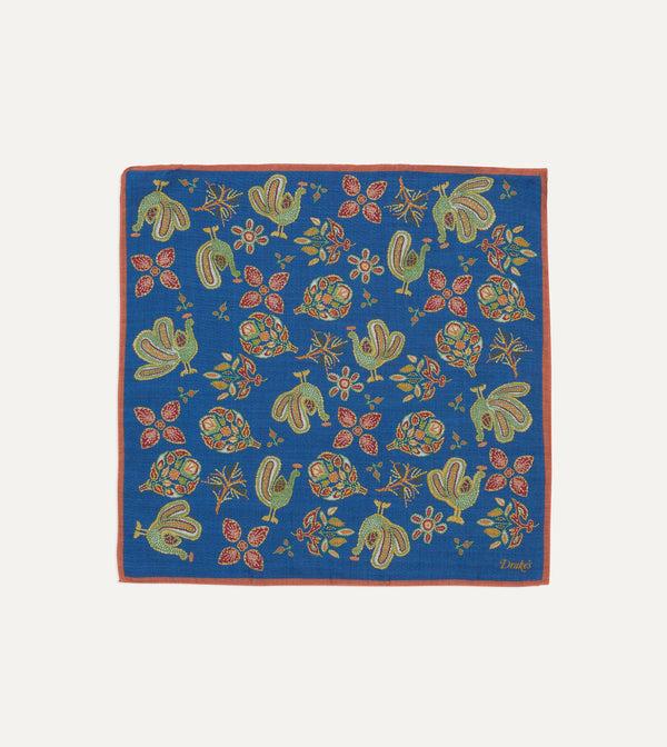 drake's Navy Peacock Print Wool-Silk Pocket Square