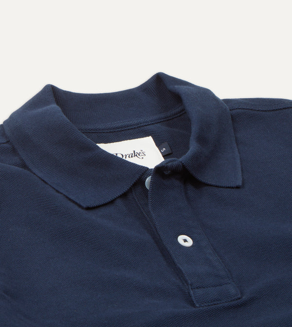 Drake's Navy Pique Cotton Long-Sleeve Polo Shirt