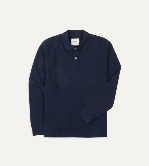 drake's Navy Pique Cotton Long-Sleeve Polo Shirt