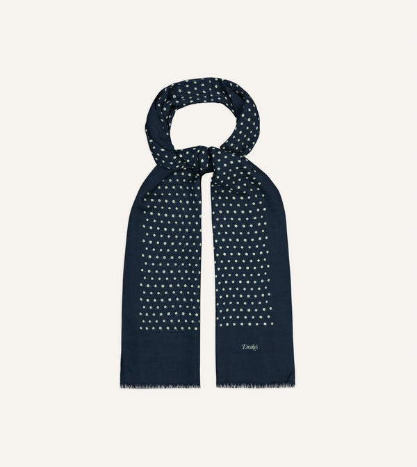 Drake's Navy Polka Dot Wool Scarf