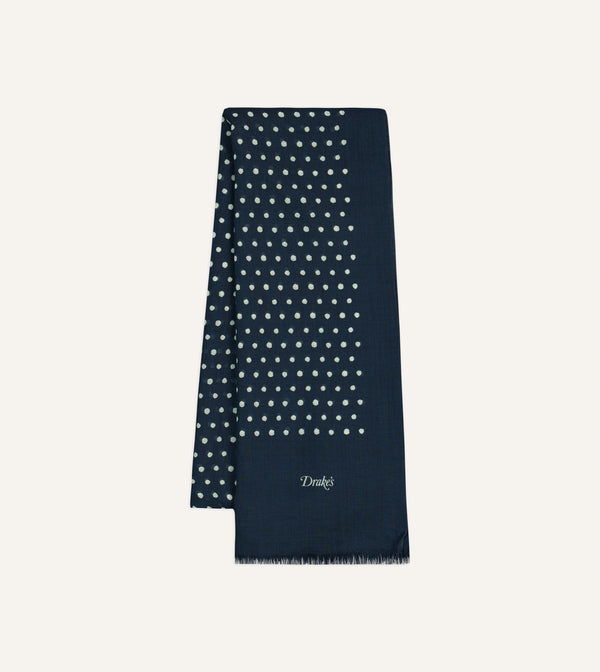 drake's Navy Polka Dot Wool Scarf