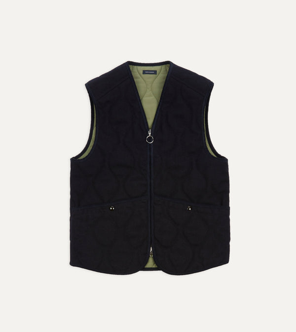 drake's Navy Quilted Melton Wool Zip Vest