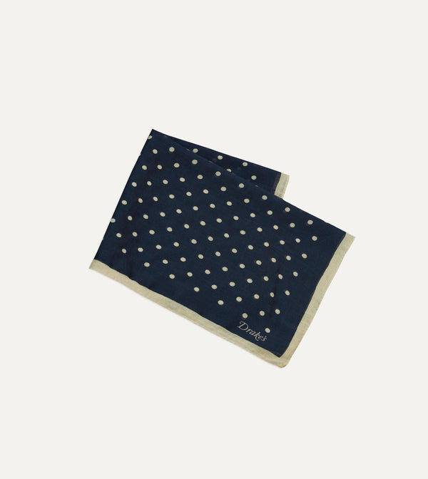 Drake's Navy Spot Print Wool-Silk Pocket Square