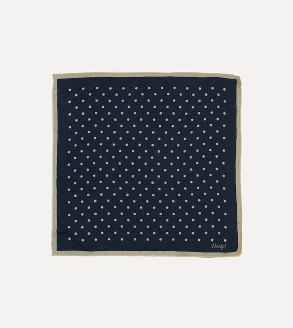 drake's Navy Spot Print Wool-Silk Pocket Square