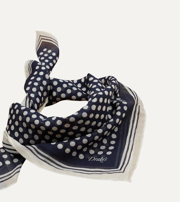 Drake's Navy Spots Print Silk-Cotton Bandana