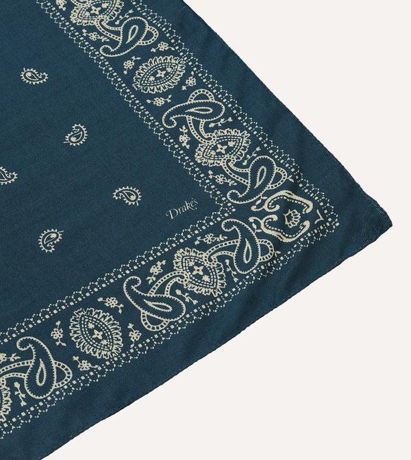 Drake's Navy Trad Paisley Print Wool-Silk Bandana