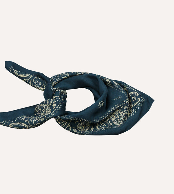 Drake's Navy Trad Paisley Print Wool-Silk Bandana