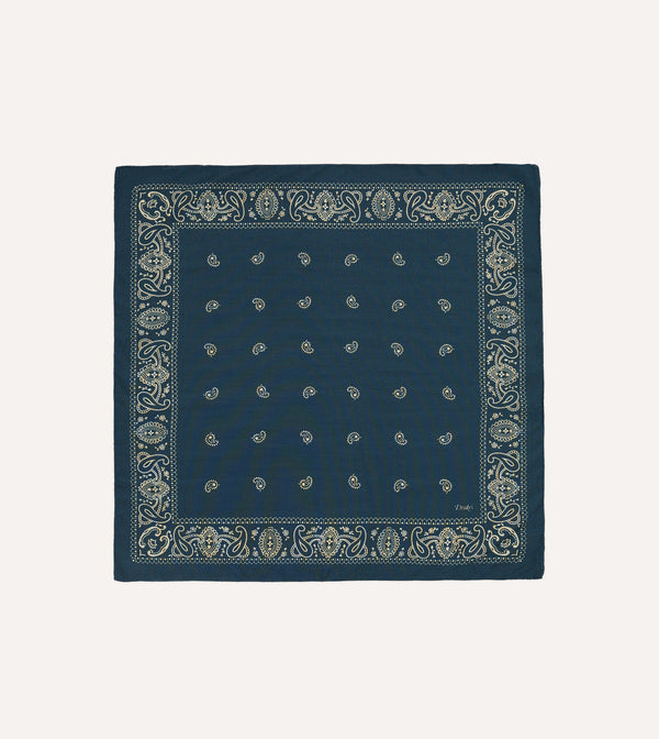 drake's Navy Trad Paisley Print Wool-Silk Bandana
