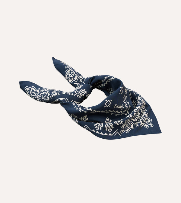 Drake's Navy Traditional Print Silk Bandana