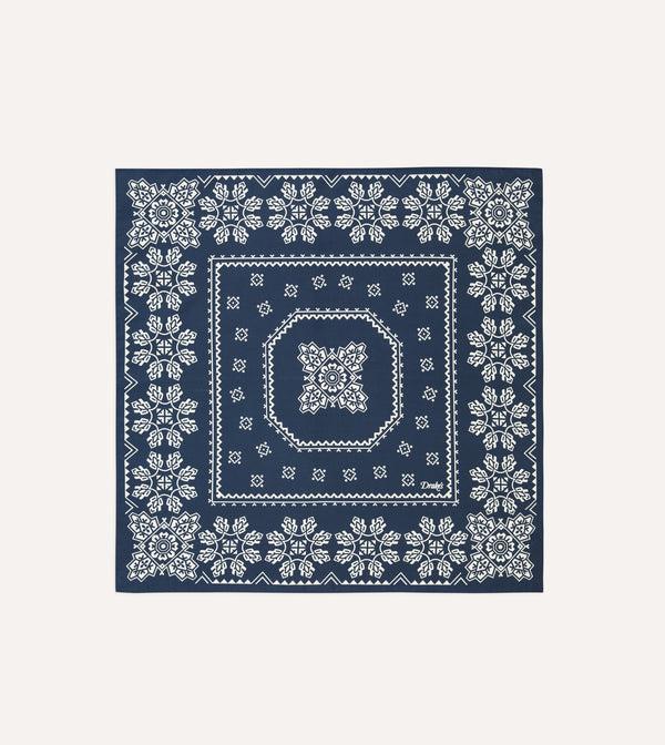drake's Navy Traditional Print Silk Bandana