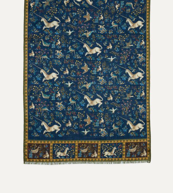 Drake's Navy Unicorn Print Wool-Silk Scarf