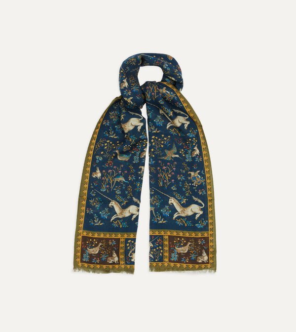 Drake's Navy Unicorn Print Wool-Silk Scarf