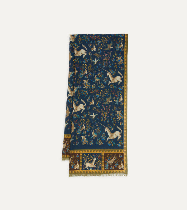 drake's Navy Unicorn Print Wool-Silk Scarf