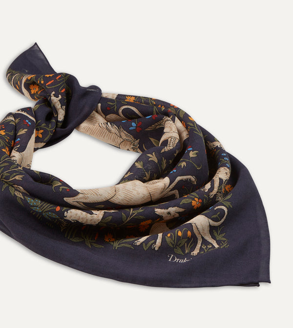 Drake's Navy Unicorn Print Wool-Silk Square Scarf