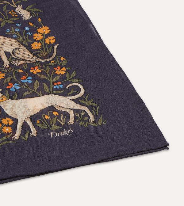 Drake's Navy Unicorn Print Wool-Silk Square Scarf