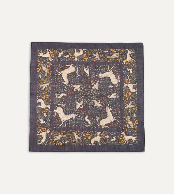 drake's Navy Unicorn Print Wool-Silk Square Scarf