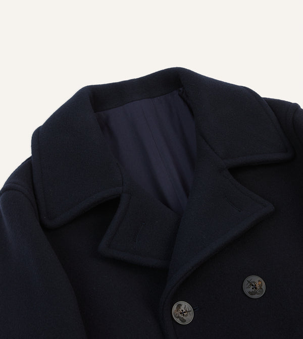 Drake's Navy Wool Double-Breasted Peacoat