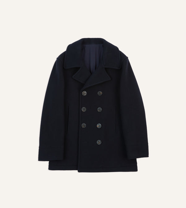 drake's Navy Wool Double-Breasted Peacoat