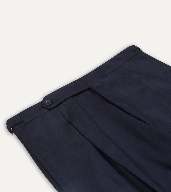 Drake's Navy Wool Flannel Single Pleat Trouser