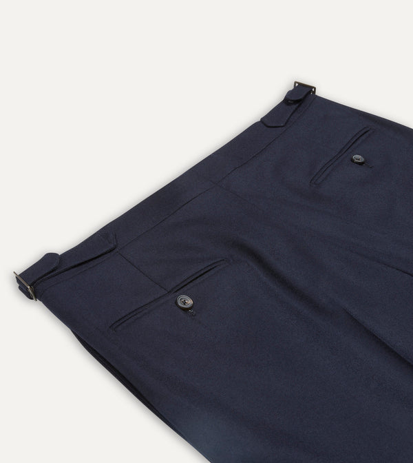 Drake's Navy Wool Flannel Single Pleat Trouser