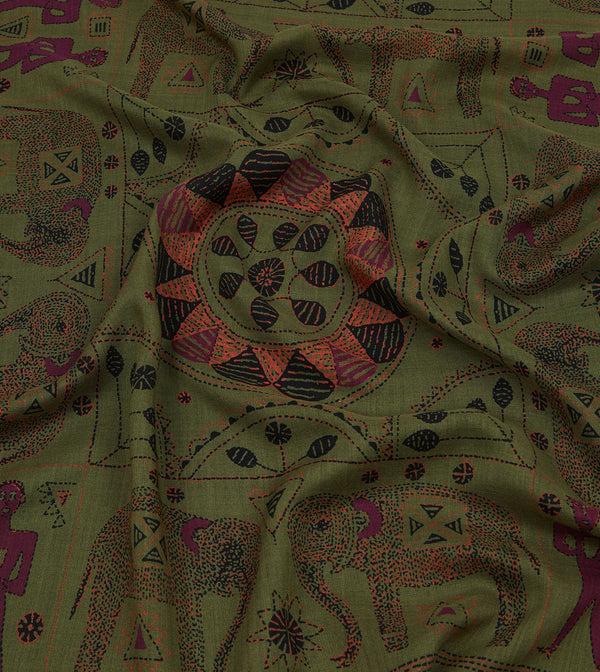Drake's Olive Elephant Print Wool-Silk Scarf