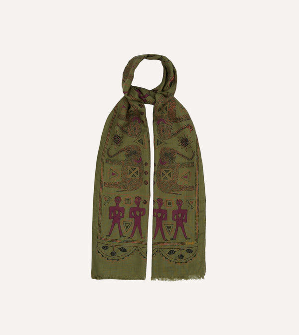 Drake's Olive Elephant Print Wool-Silk Scarf