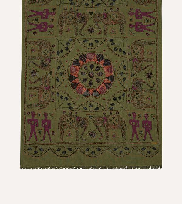 Drake's Olive Elephant Print Wool-Silk Scarf