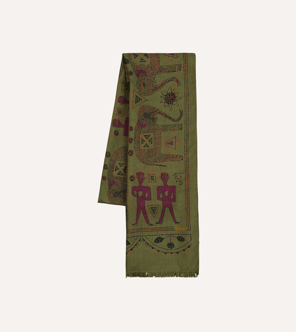 drake's Olive Elephant Print Wool-Silk Scarf