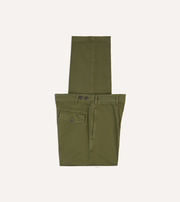drake's Olive Herringbone Cotton Games Trousers