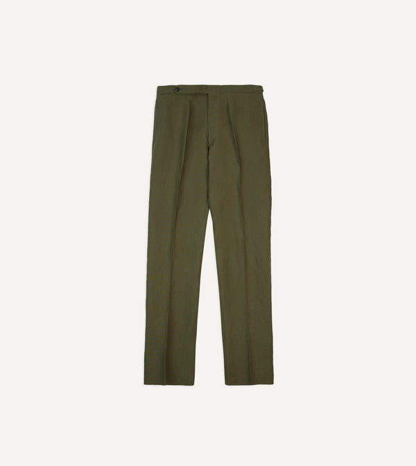 Drake's Olive Irish Linen Single Pleat Trouser