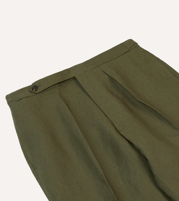 Drake's Olive Irish Linen Single Pleat Trouser