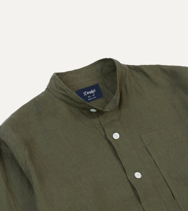 Drake's Olive Linen Mandarin Collar Popover Shirt