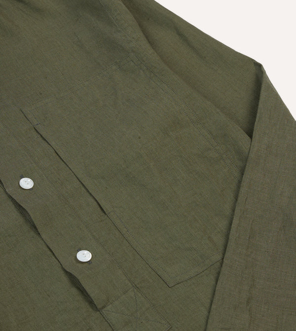 Drake's Olive Linen Mandarin Collar Popover Shirt