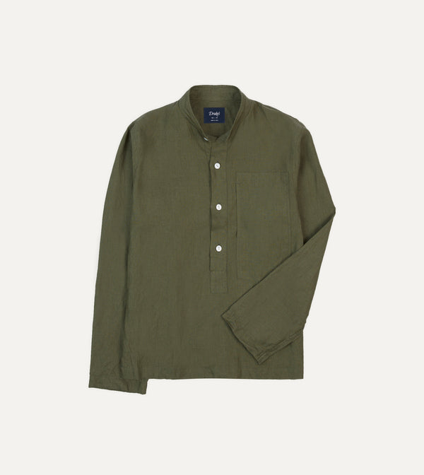 drake's Olive Linen Mandarin Collar Popover Shirt