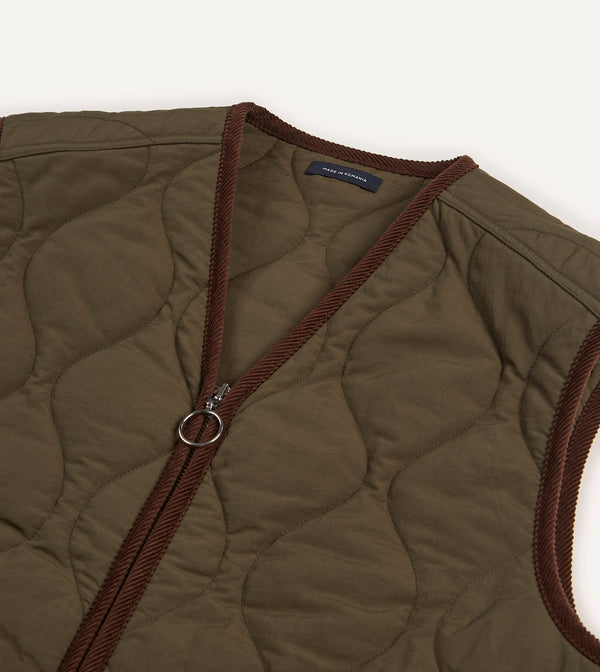 Drake's Olive Quilted Nylon Zip Vest