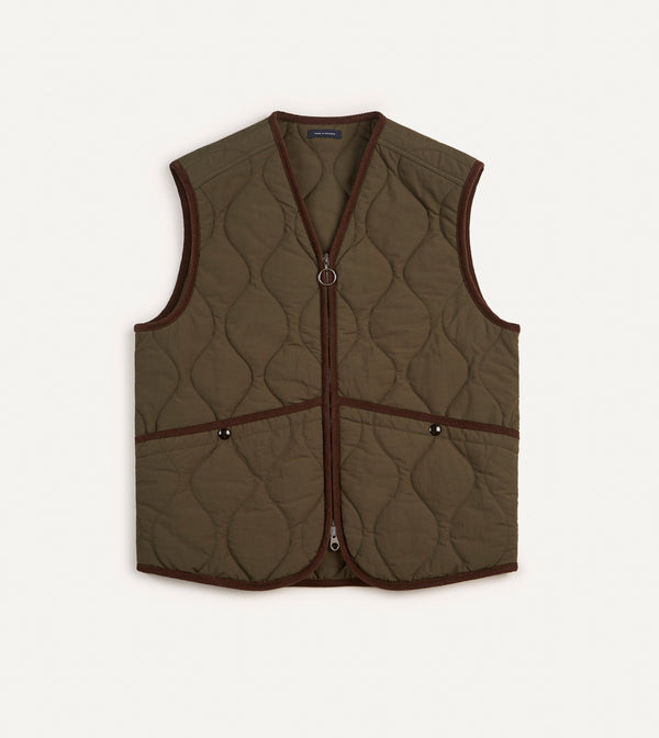 drake's Olive Quilted Nylon Zip Vest