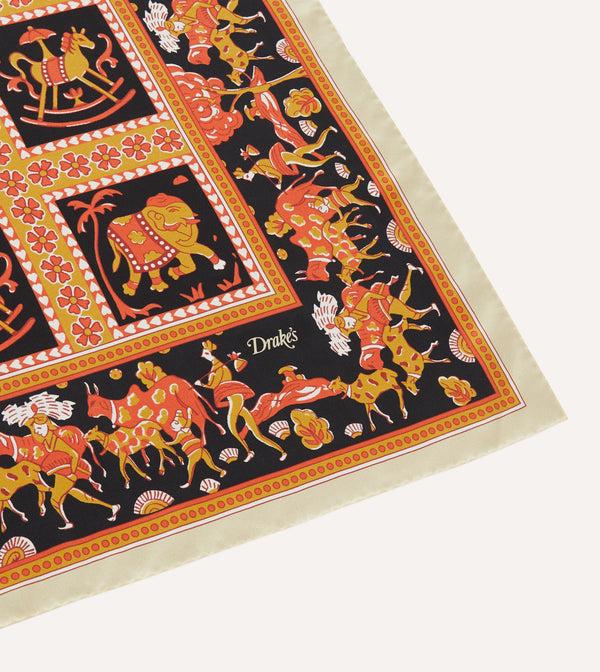 Drake's Orange Elephant Print Silk Bandana