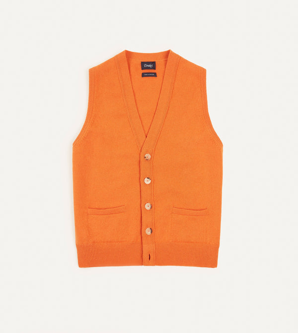 drake's Orange Lambswool Sleeveless Cardigan