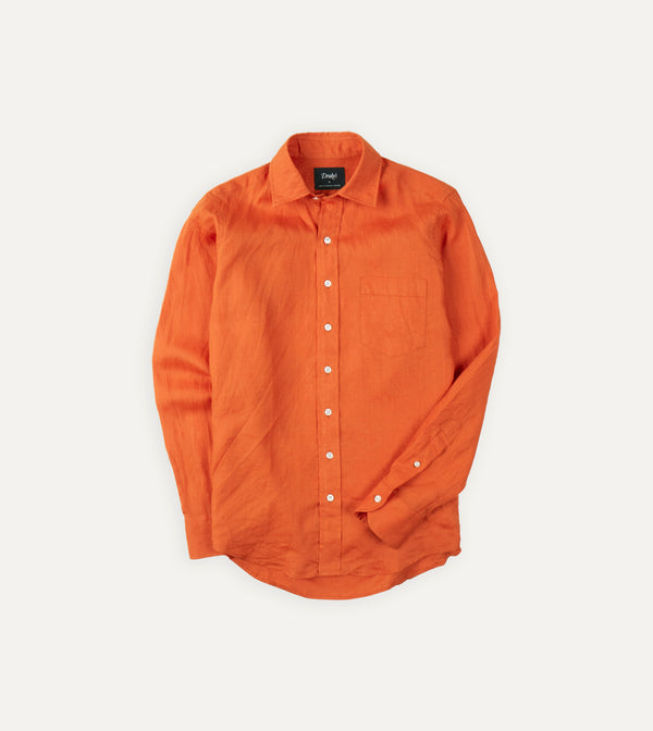 drake's Orange Linen Spread Collar Shirt