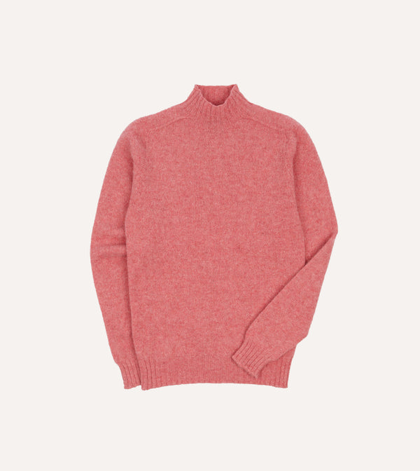 drake's Pink Brushed Shetland Mock Neck Jumper