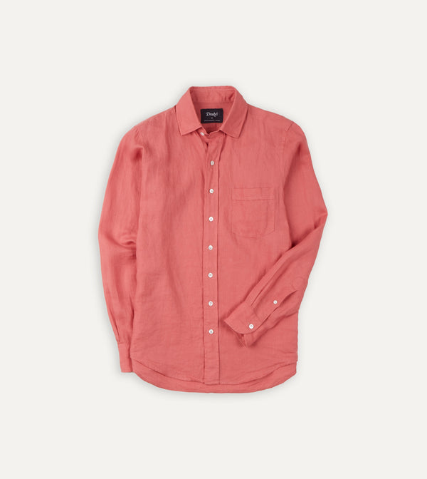 drake's Pink Linen Spread Collar Shirt